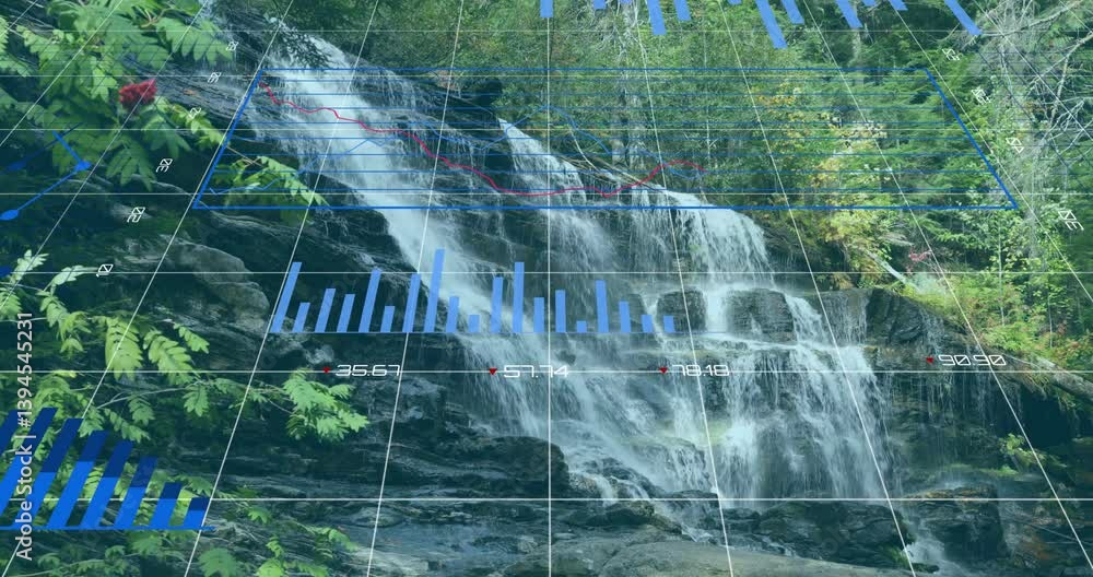 Poster overlaying graphs and charts, animation of waterfall in forest setting
