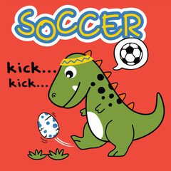 Cartoon dinosaur kicking a soccer ball next to an egg in a fun and playful sports design. Sports concept
