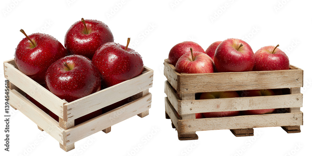 Poster minimalist design featuring fresh red apples in wooden crates with water droplets reflecting natural