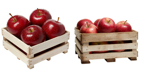 Minimalist design featuring fresh red apples in wooden crates with water droplets reflecting natural beauty and simplicity