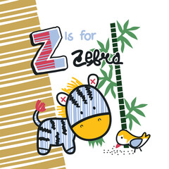 Playful zebra with a bird and bamboo in a 