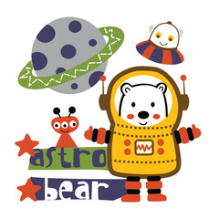 Cartoon astro bear in a space suit with alien and spaceship exploring outer space in a fun and colorful design. Space concept
