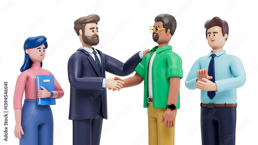 Poster 3d man shakes hands with another, symbolizing agreement and teamwork. 3d rendering, conceptual image
