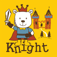 Cartoon bear dressed as a knight holding a sword with a castle in the background in a playful and colorful design. Character concept
