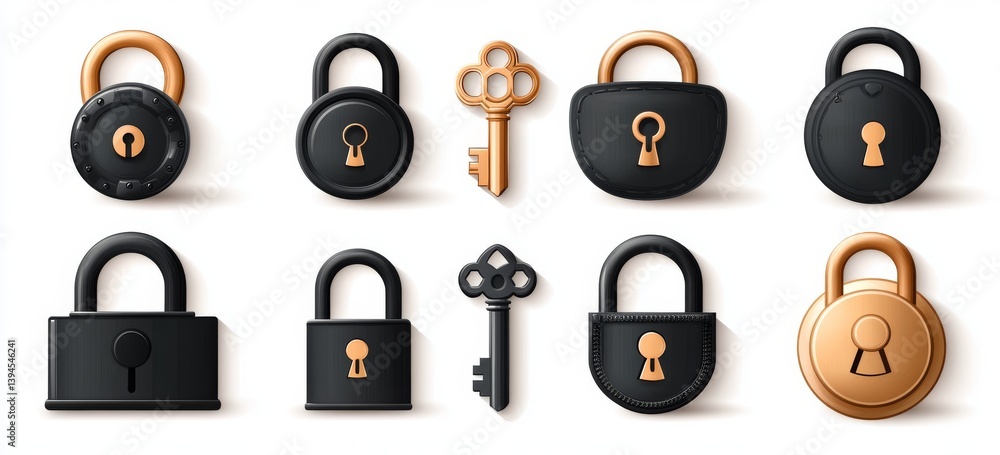 Poster modern gold and chrome metallic padlocks, some open and some closed, with realistic secret number co