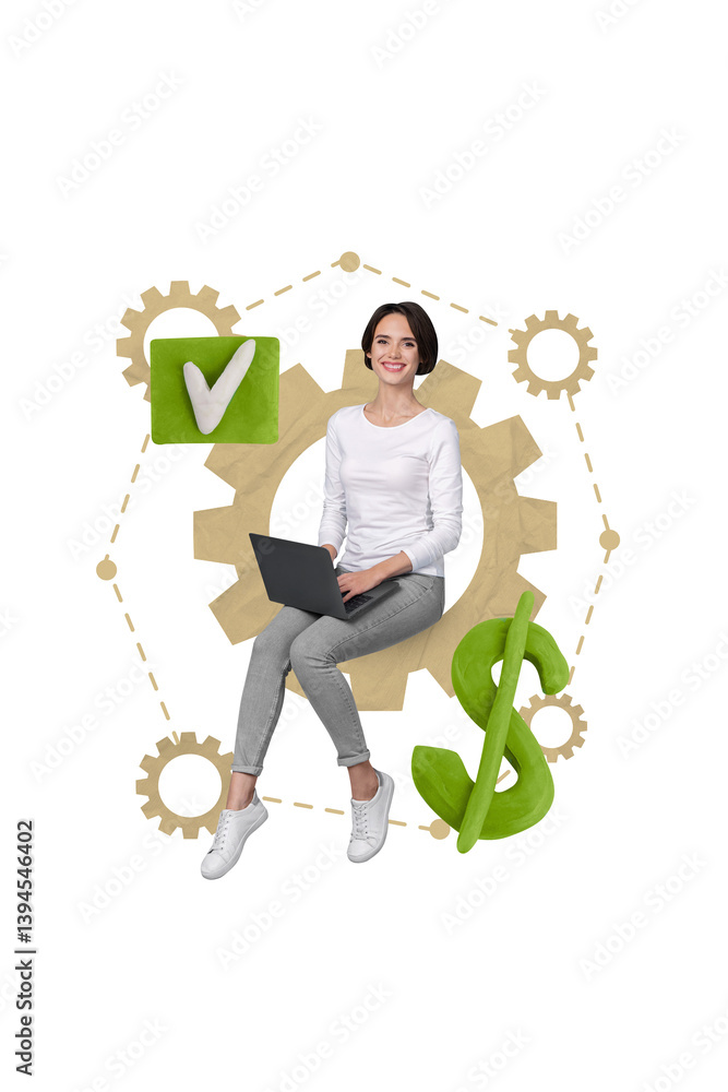 Aufkleber creative abstract template graphics collage image of smiling lady programming modern gadget app isol