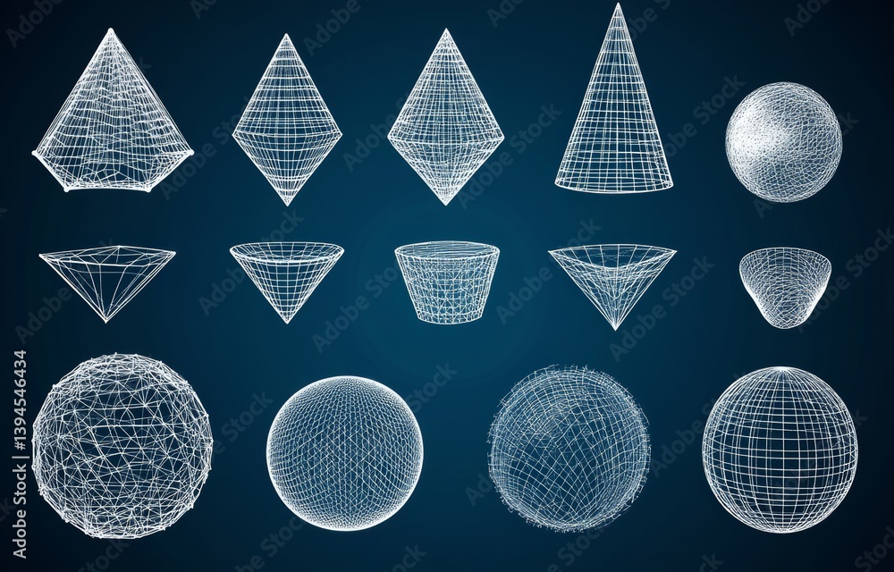 Poster a contemporary set of grid-based geometric figures, showcasing wireframe shapes in diverse sizes and