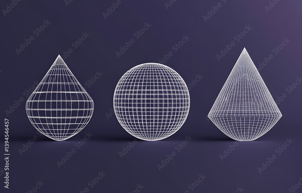 Poster a modern assortment of geometric grid figures, highlighting wireframe shapes in multiple sizes and s