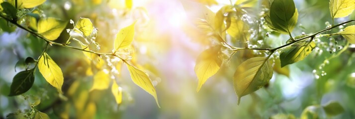 Obraz premium Spring summer background with green tree,sunlight and sun rays, panorama