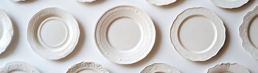 Decorative White Plates Arranged, Flatlay, Display