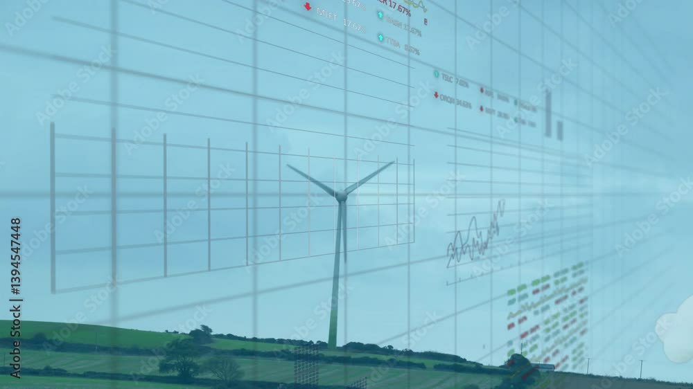 Poster wind turbine and landscape overlaid with data charts and graphs animation