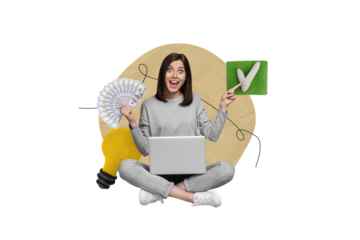 Creative illustration collage photo of successful ecstatic satisfied girl sit with laptop hold money isolated on beige color background