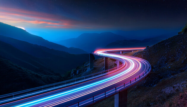 Un paisaje nocturno de una carretera sinuosa con curvas de luz de neon en direccion hacia el futuro en un horizonte con monta&ntilde;as