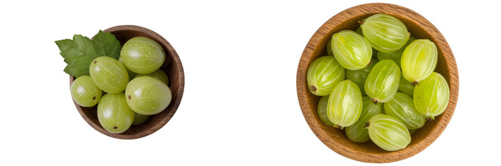 Fresh green grapes and gooseberries in minimalist wooden bowls on a white surface for a modern, clean aesthetic