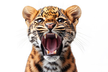 Obraz premium Close-Up Portrait of a Fierce Young Leopard on White Background for Wildlife Posters