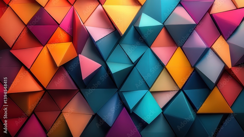 Poster a vibrant abstract design featuring colorful, three-dimensional triangles arranged in a dynamic patt