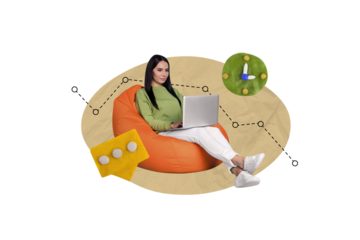 Composite collage of young woman employment sit bean bag chatting plasticine timer punctuality trading finance isolated on beige background