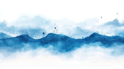Abstract watercolor painting of a misty mountain range with soft, blue tones and scattered elements.