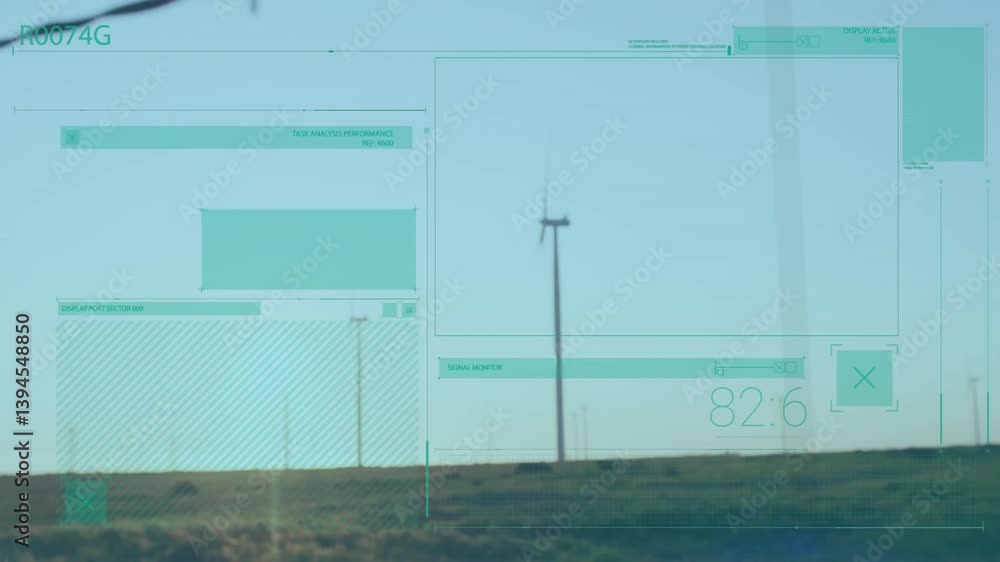 Poster in field, wind turbine with animation overlay displaying performance metrics