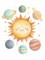 High-resolution watercolor clipart of planets, in pastel colors, for a children's book