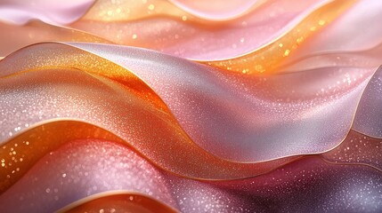 Abstract wavy fabric with glittering texture in pink, orange and gold tones.