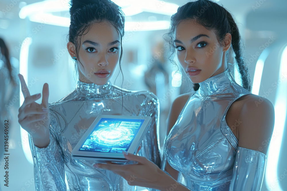Aufkleber two futuristic women hold a digital tablet displaying complex data in a sterile, luminous environmen