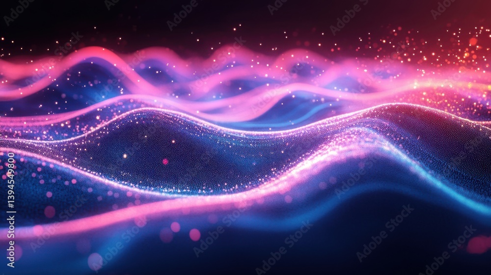 Poster an abstract visual featuring colorful waves of light with sparkling particles, creating a dynamic an