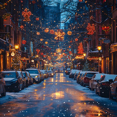Winter city street decorated for the holidays high resolution picture