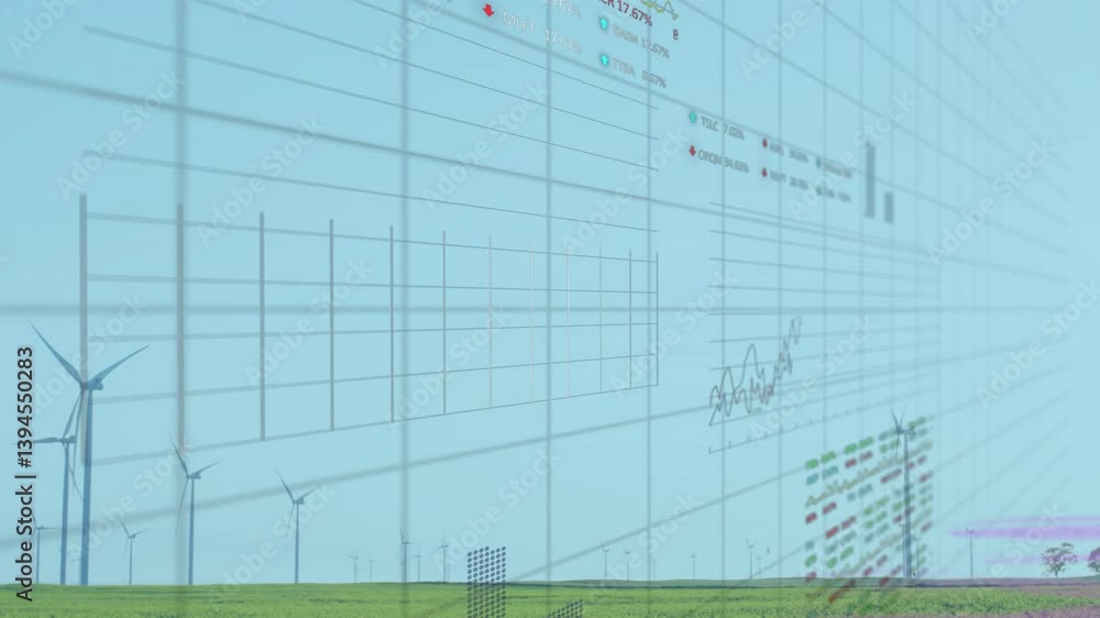 Poster wind turbines in green field with financial data processing animation overlay