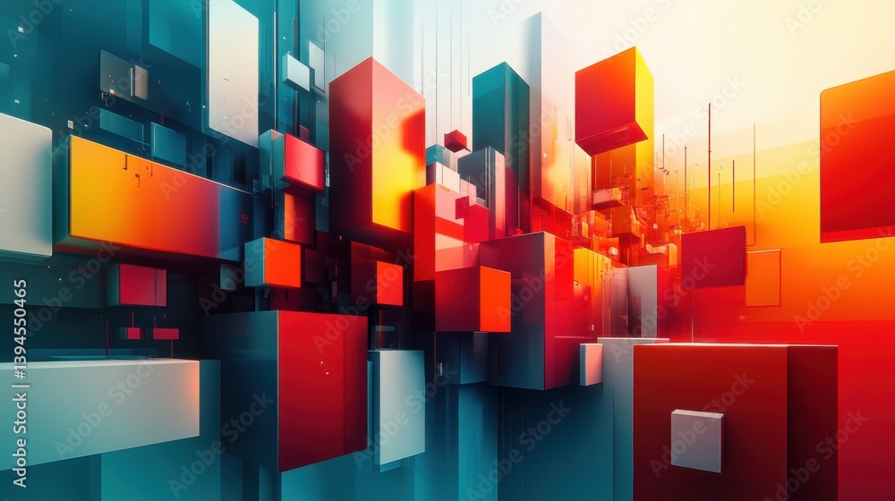 Poster a vibrant, abstract composition of colorful geometric shapes creating a dynamic visual effect, showc
