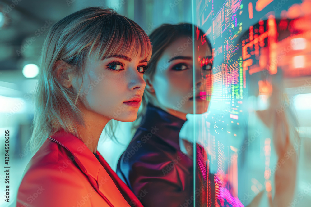 Aufkleber a stylish woman gazes out with a focused expression, reflected in a vibrant, futuristic tech display