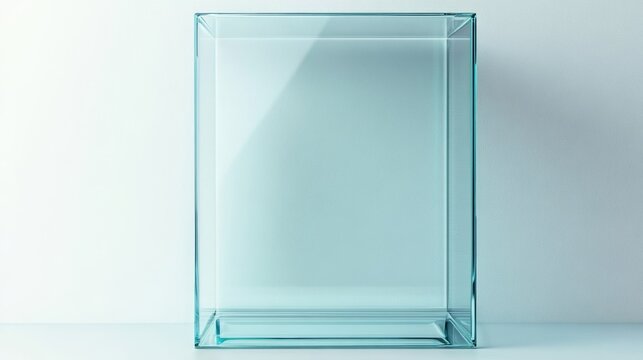 A distinct representation of a rectangular tank, suitable for an aquarium or terrarium, is positioned on a white background, made of glass or plexiglass and supported by a stand