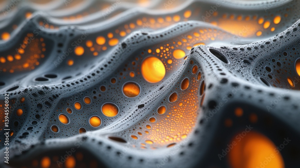 Poster a close-up view of textured material featuring waves and bubbles, illuminated by warm orange light, 