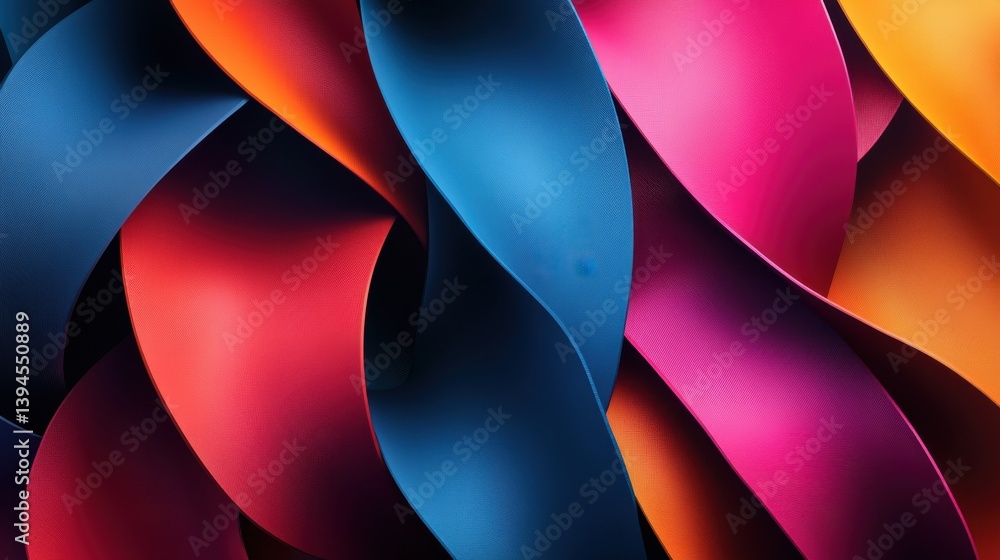 Poster a vibrant, abstract composition featuring flowing waves of colorful material, intertwining in a dyna