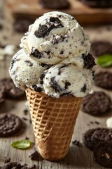 Three Scoops of Chocolate Chip Cookie Dough Ice Cream in a Waffle Cone on Rustic Table