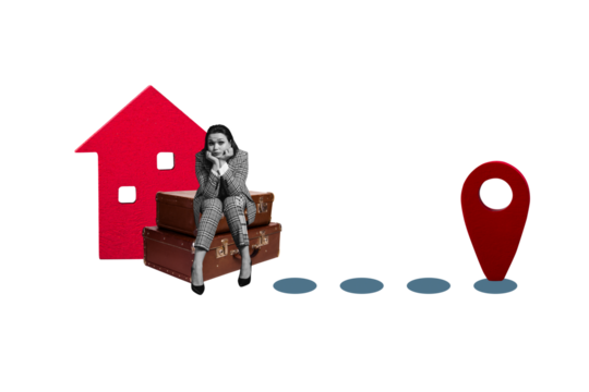 Photo sketch collage picture of upset lady need leave home move new place isolated yellow color background