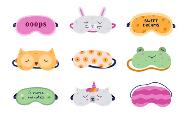 Lovely cartoon sleeping mask set with bunny, frog, unicorn head, sunflower and line pattern, Sweet Dreams lettering. Childish and girlish hand drawn eye mask isolated on white background.