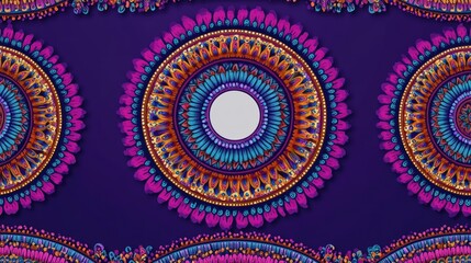 Fototapeta premium Ornamental circles pattern design in violet, orange, and pink on plain background