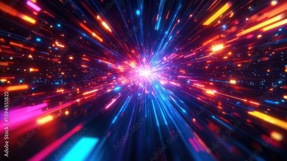 Poster a vibrant explosion of light beams radiating outward, creating a dynamic and colorful visual effect 