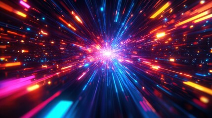 Naklejka premium A vibrant explosion of light beams radiating outward, creating a dynamic and colorful visual effect reminiscent of speed and energy.