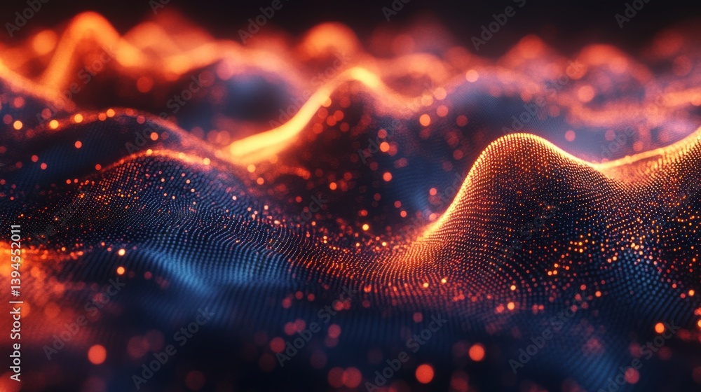 Poster a vibrant, abstract representation of waves with glowing particles, evoking a sense of depth and mot
