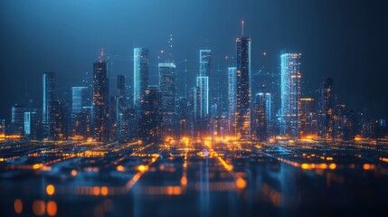 A futuristic city skyline illuminated by blue and orange lights, showcasing tall skyscrapers and a vibrant urban landscape at night.