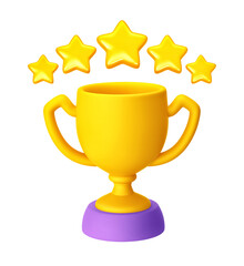 Champion cup with five stars rating isolated on white background. Clipping path included