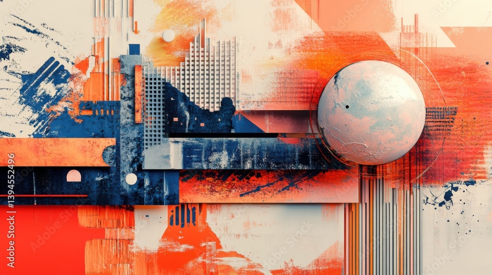 Poster an abstract composition featuring geometric shapes, vibrant colors, and a spherical element, creatin
