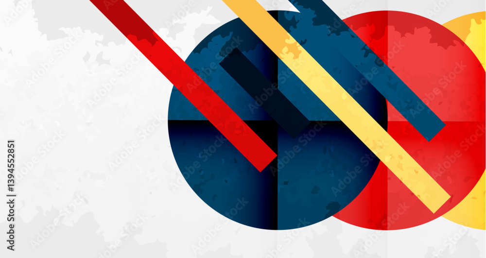 Poster abstract geometric design features overlapping circles, diagonal lines. red, yellow, blue hues domin