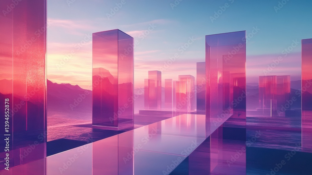 Poster a surreal landscape featuring transparent geometric structures under a colorful sky, creating an eth