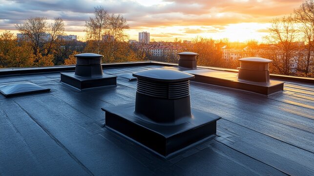 Sunny day drone photos of commercial structures with asphalt shingle and TPO membrane roofs