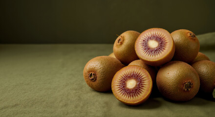Red kiwi fruits whole and halved showing pink flesh with seeds on green background. Exotic fruit concept for healthy eating campaigns and food diversity marketing