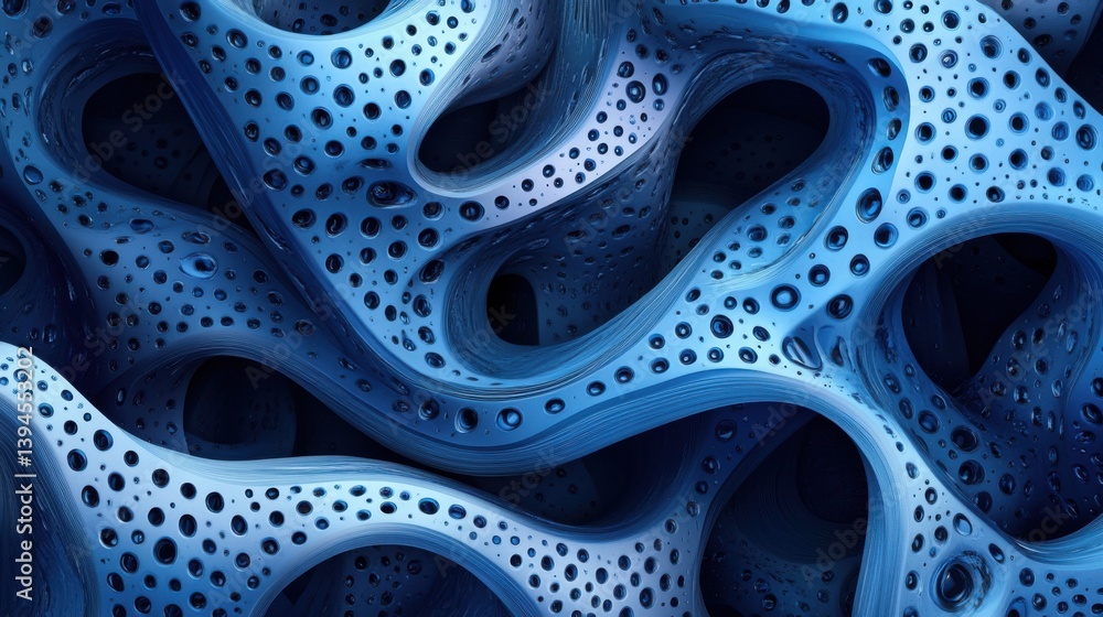 Poster a mesmerizing abstract design featuring intricate, flowing shapes in various shades of blue, punctua