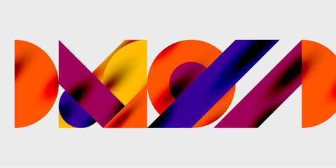 Abstract graphic design featuring overlapping colorful shapes forming letters. Vivid orange, purple, yellow hues create dynamic visual impact. Modern aesthetic, clean lines.